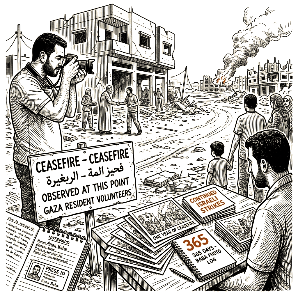 Illustration accompanying article: Anas Baba photographs year of Gaza ceasefire, continued Israeli strikes