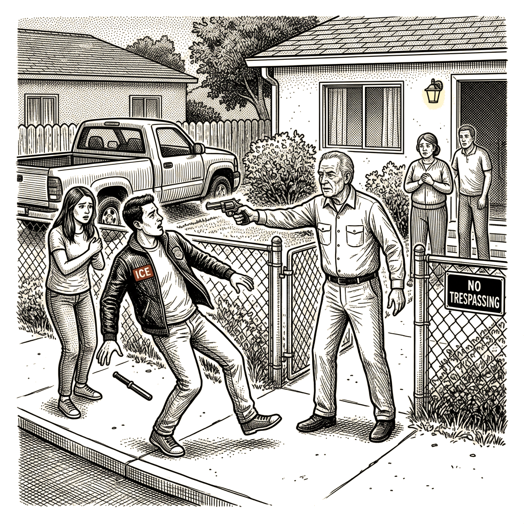Illustration accompanying article: California man, 72, shoots off-duty ICE agent who allegedly attacked family