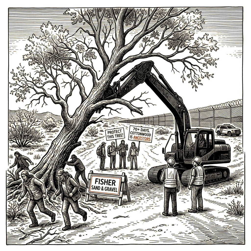 Illustration accompanying article: Contractors topple 200-year-old cottonwood near Arizona border after tree-sit