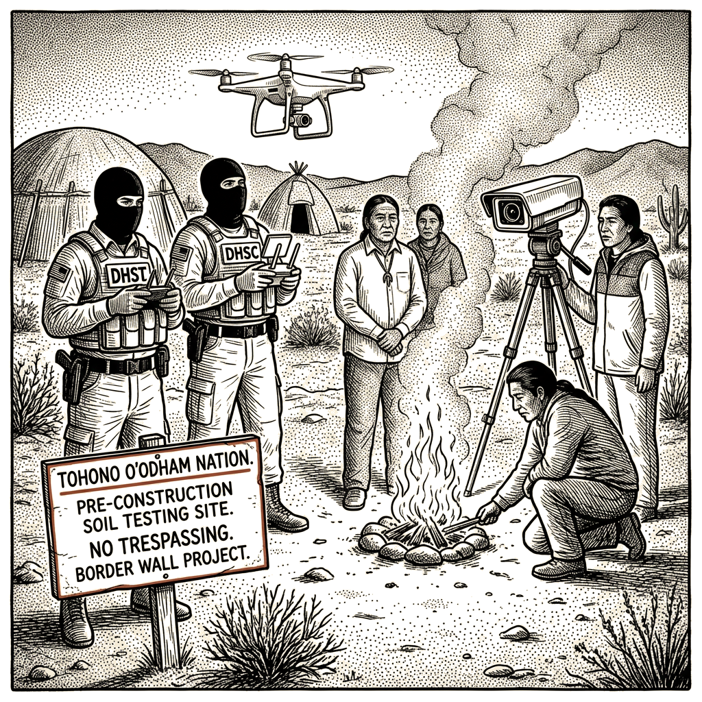 Illustration accompanying article: DHS deployed masked agents, drones against Tohono O'odham prayer fire