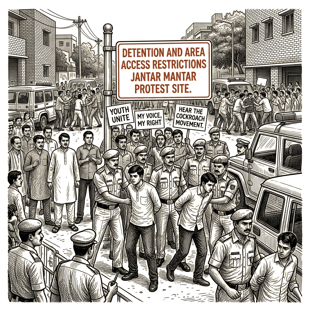 Illustration accompanying article: Indian authorities detain thousands ahead of New Delhi youth protest