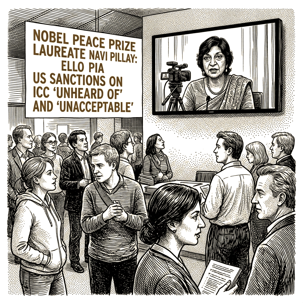 Illustration accompanying article: Nobel laureate Pillay calls US sanctions on ICC 'unheard of, unacceptable'