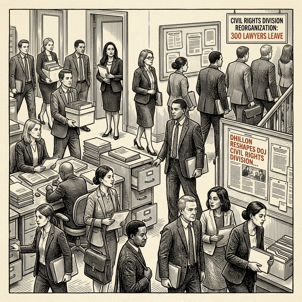 Illustration accompanying article: Dhillon reshapes DOJ Civil Rights Division as 300 lawyers leave