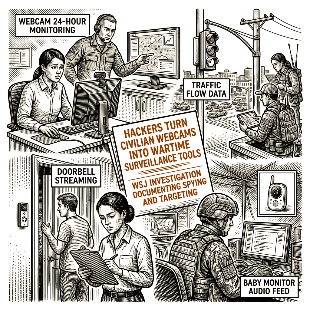 Illustration accompanying article: Hackers turn civilian webcams into wartime surveillance tools