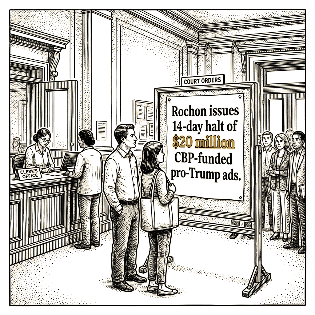 Illustration accompanying article: Rochon issues 14-day halt of $20 million CBP-funded pro-Trump ads