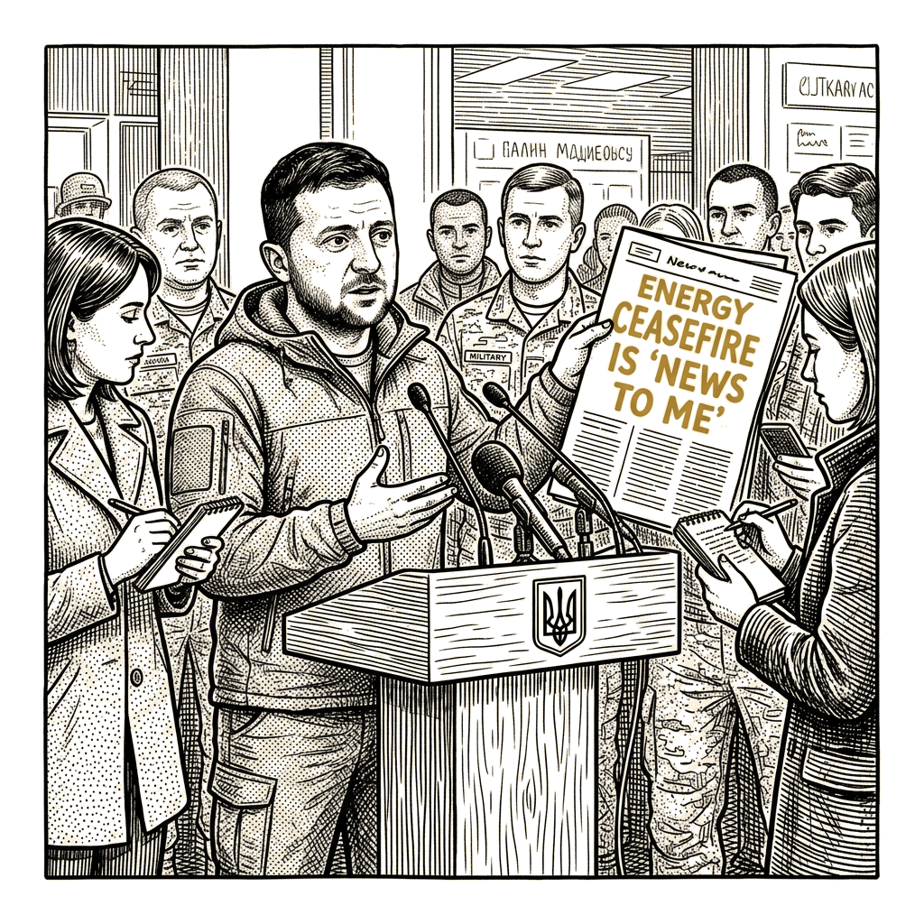 Illustration accompanying article: Zelenskyy says energy ceasefire is 'news to me' and demands reciprocal terms