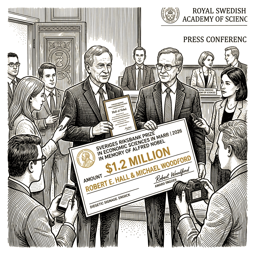Illustration accompanying article: 2026 Nobel cycle ends with $1.2 million economics prize to Hall and Woodford
