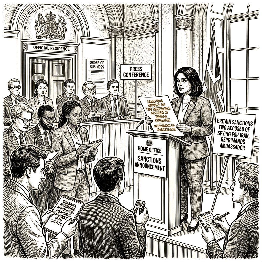 Illustration accompanying article: Britain sanctions two accused of spying for Iran, reprimands ambassador