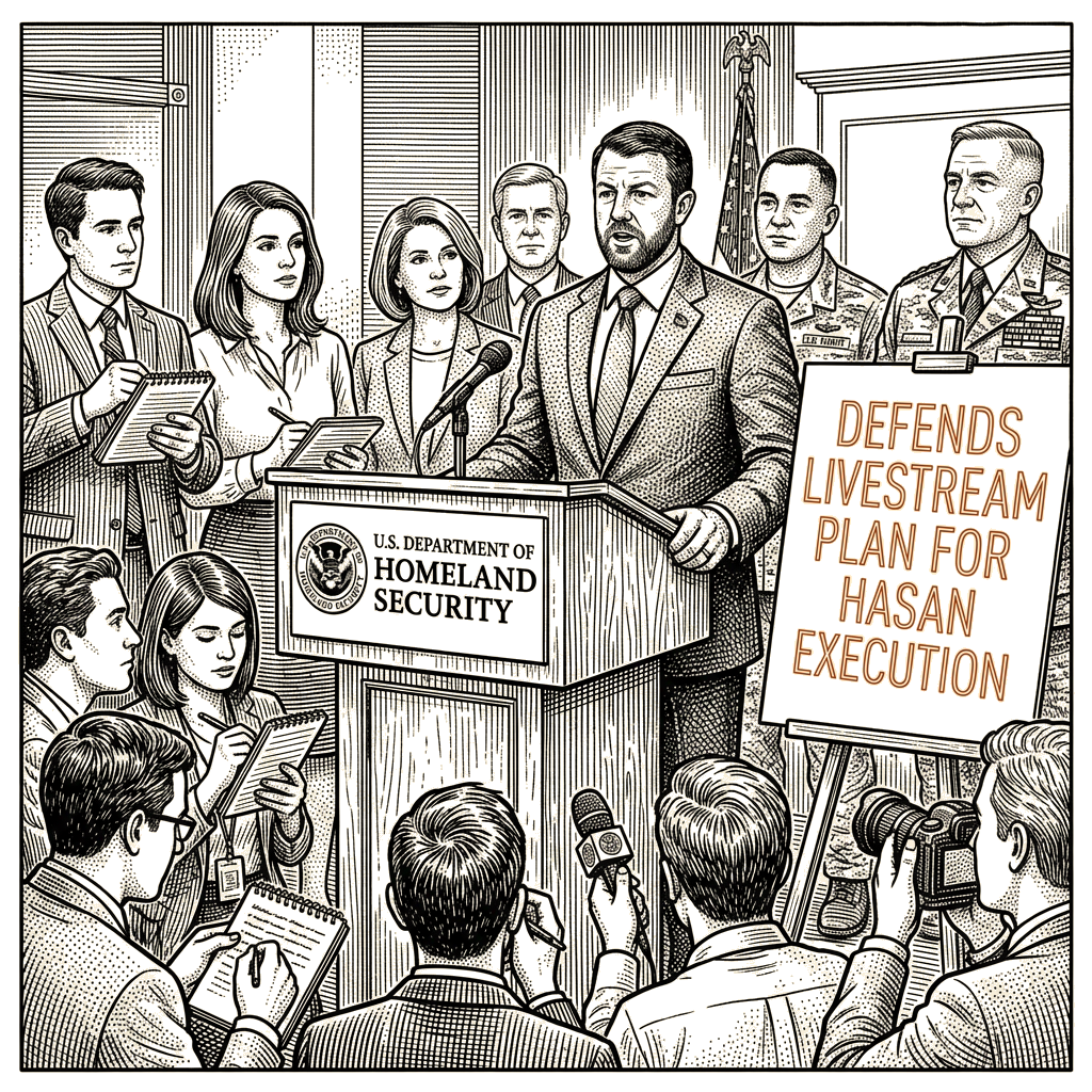 Illustration accompanying article: DHS Secretary defends Pentagon livestream plan for Hasan execution