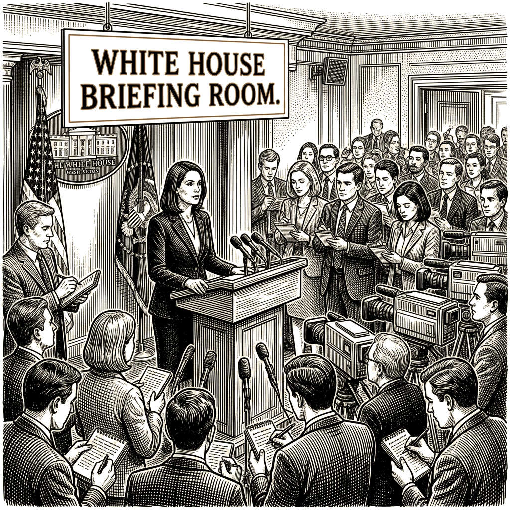 Illustration accompanying article: Katie Zacharia set for first briefing as Trump's press secretary