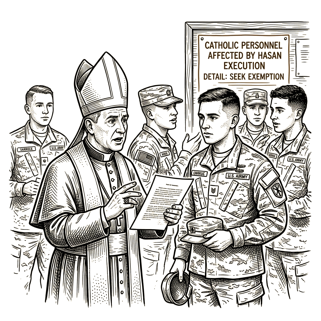 Illustration accompanying article: Military archbishop urges Catholic troops to seek Hasan firing-squad exemption