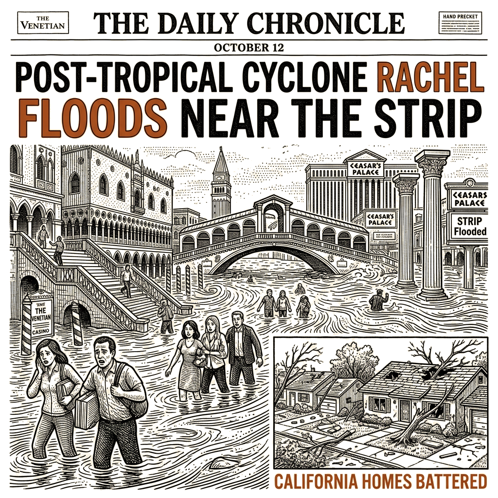 Illustration accompanying article: Post-Tropical Cyclone Rachel floods area near Las Vegas Strip, damages California homes