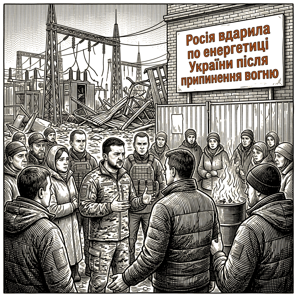 Illustration accompanying article: Russia strikes Ukrainian energy hours after Trump declares ceasefire