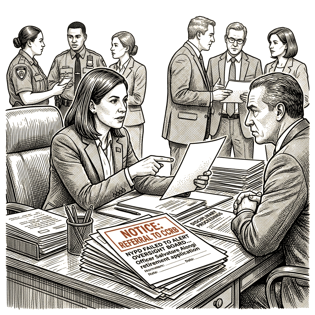 Illustration accompanying article: Tisch acknowledges NYPD failed to alert oversight board before officer retired