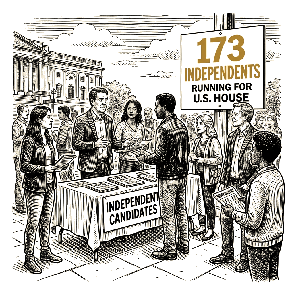 Illustration accompanying article: 173 independent House candidates test the size of America's political middle