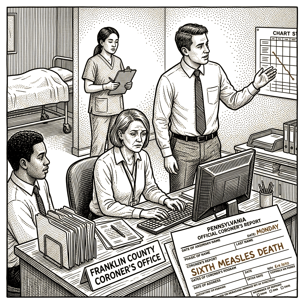 Illustration accompanying article: Franklin County coroner reports sixth measles death in Pennsylvania