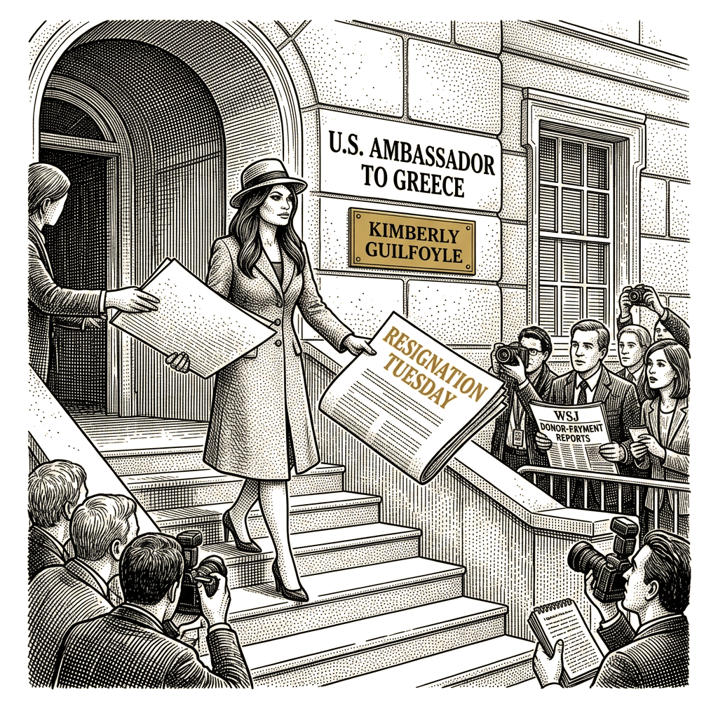 Illustration accompanying article: Guilfoyle resigns as US ambassador to Greece after WSJ donor-payment reports