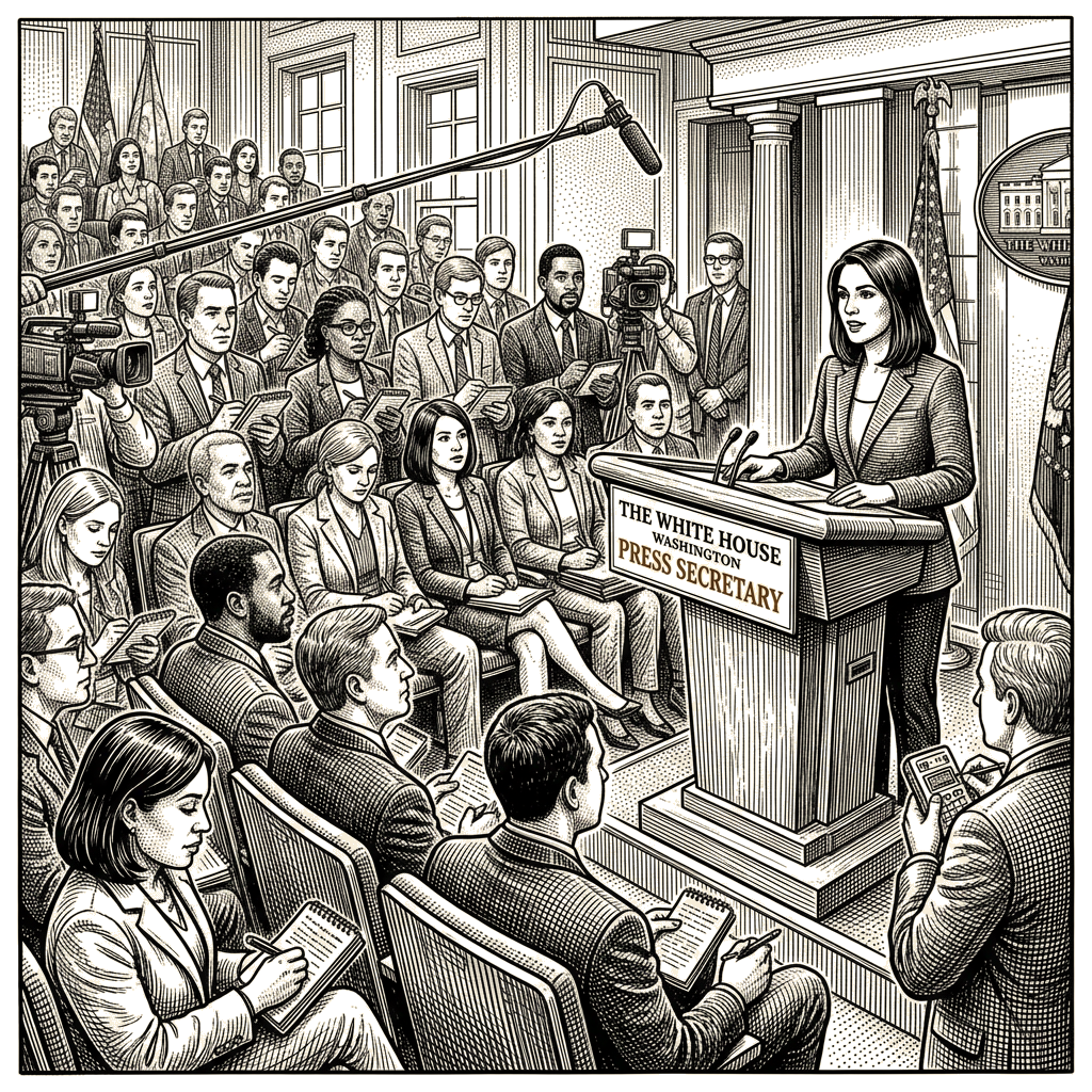 Illustration accompanying article: Katie Zacharia holds first briefing as Trump's sixth press secretary
