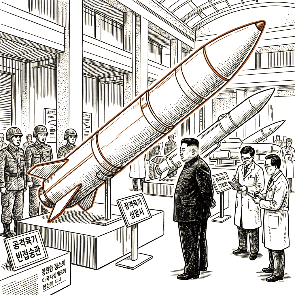 Illustration accompanying article: Kim tours new North Korean military museum showcasing U.S.-range missiles