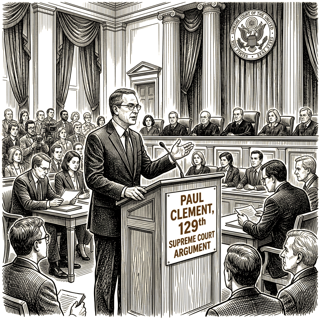 Illustration accompanying article: Paul Clement set for 129th Supreme Court argument
