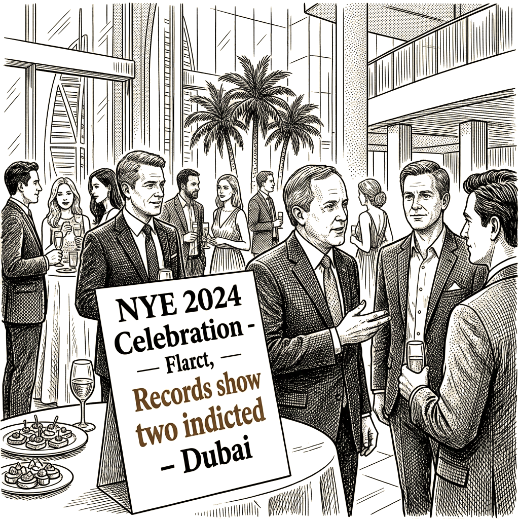 Illustration accompanying article: Records show two indicted Americans at Dubai party with Paxton
