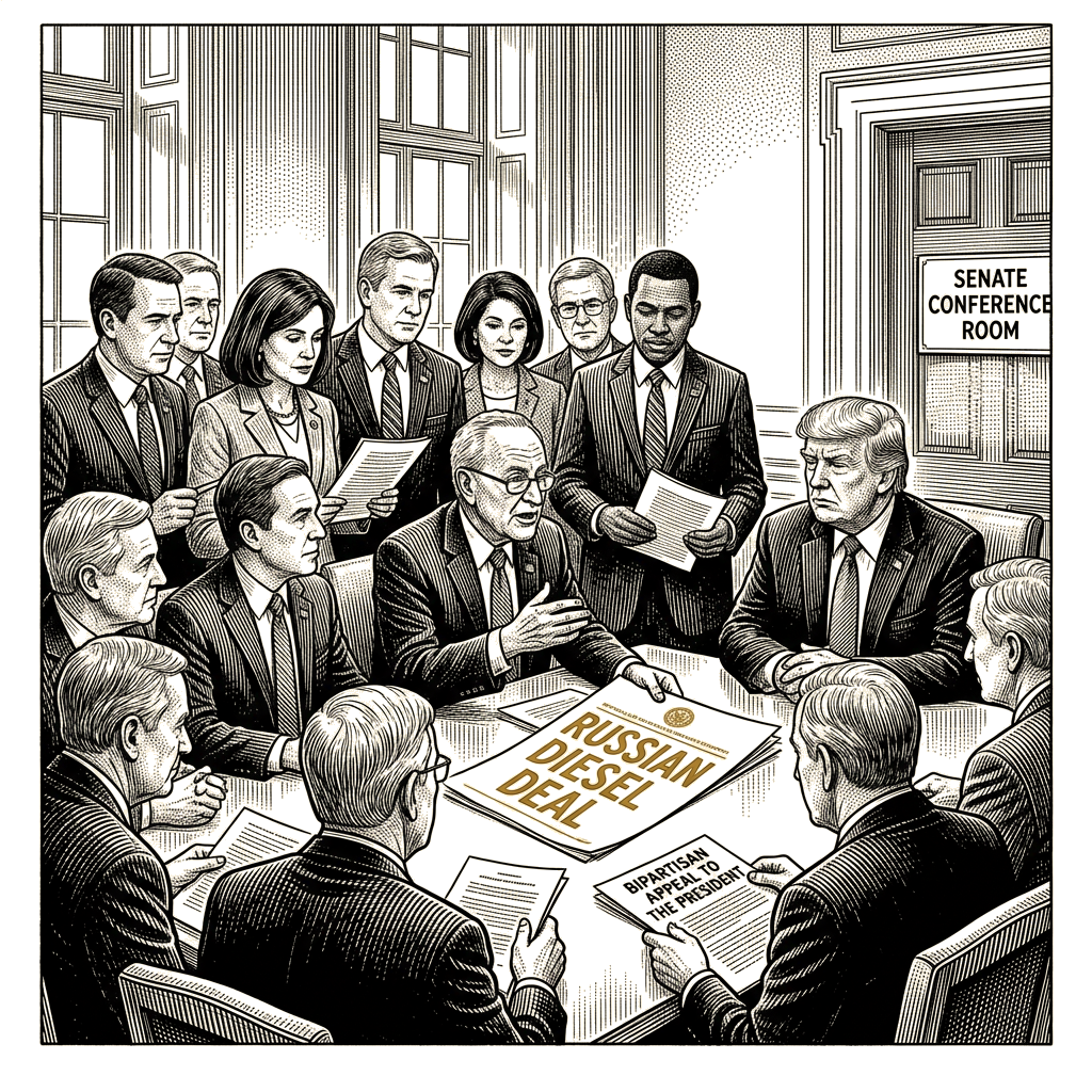 Illustration accompanying article: Twelve senators call on Trump to rescind Russian diesel deal