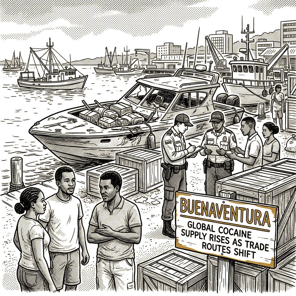 Illustration accompanying article: US drug-boat strikes reshape cocaine trade as global supply keeps rising