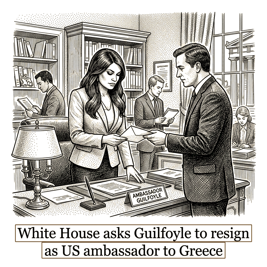 Illustration accompanying article: White House asks Guilfoyle to resign as US ambassador to Greece
