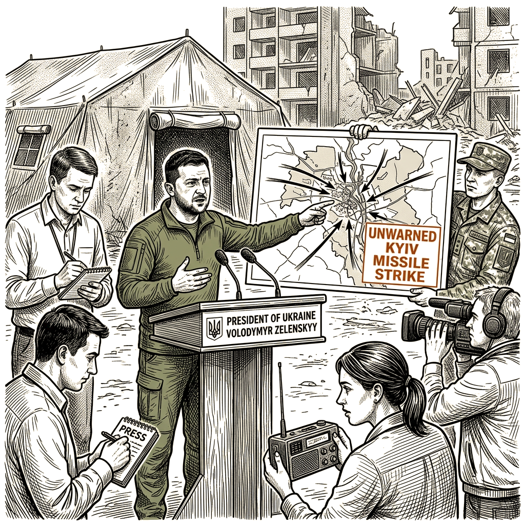 Illustration accompanying article: Zelenskyy flags intelligence gap after unwarned Kyiv missile strike