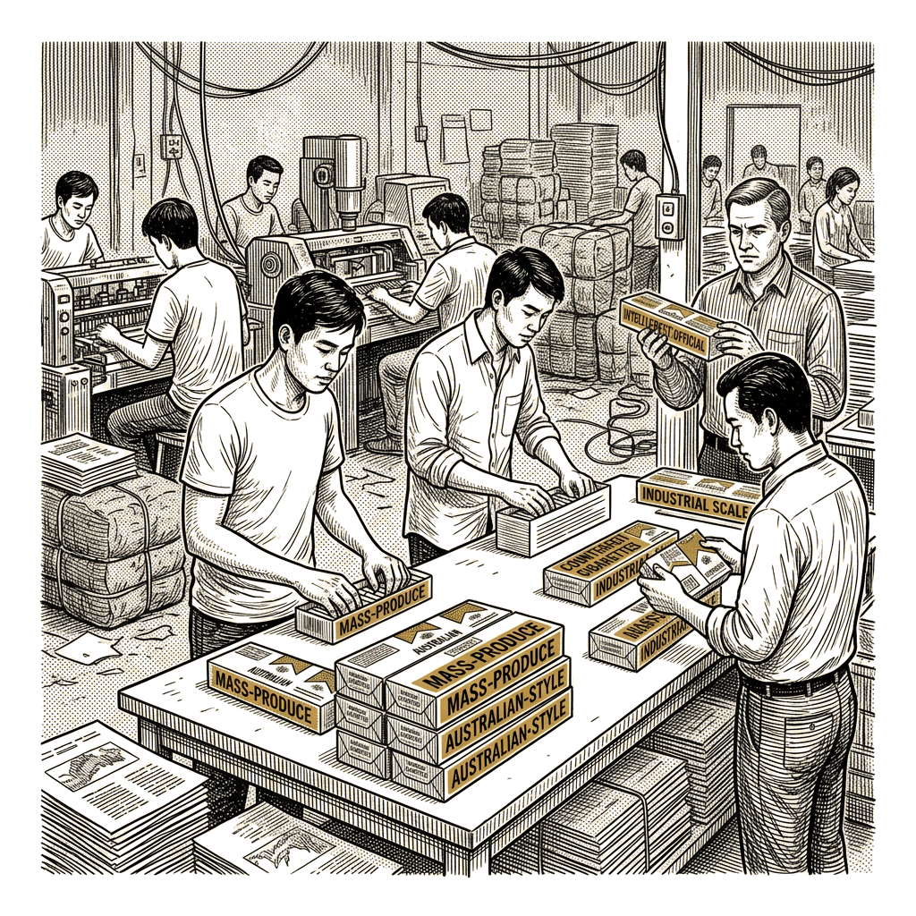 Illustration accompanying article: Australian minister says Cambodia factories mass-produce counterfeit tobacco