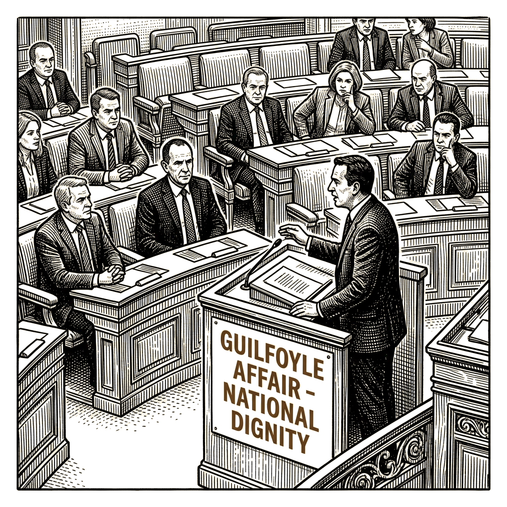 Illustration accompanying article: Greek opposition called Guilfoyle affair 'national dignity' in parliament