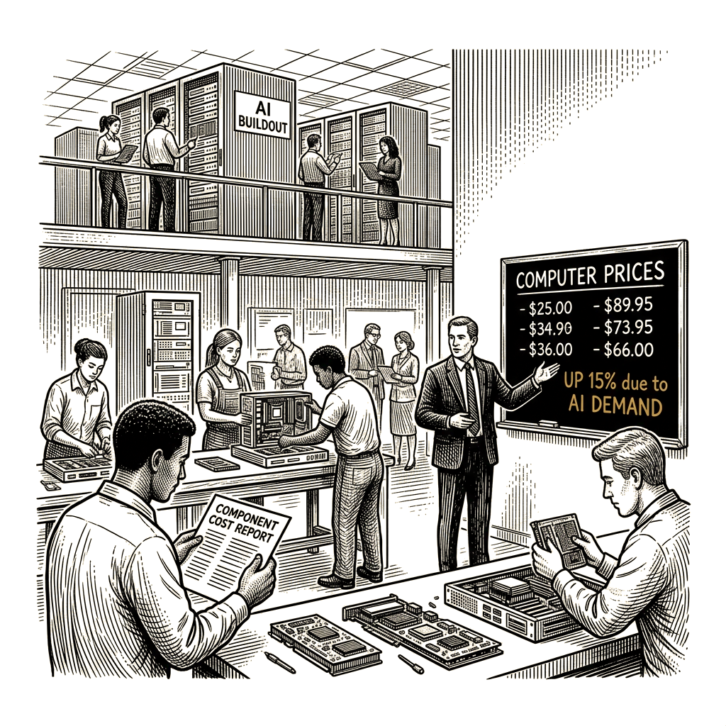 Illustration accompanying article: Inflation broadens beyond energy as AI buildout lifts computer prices
