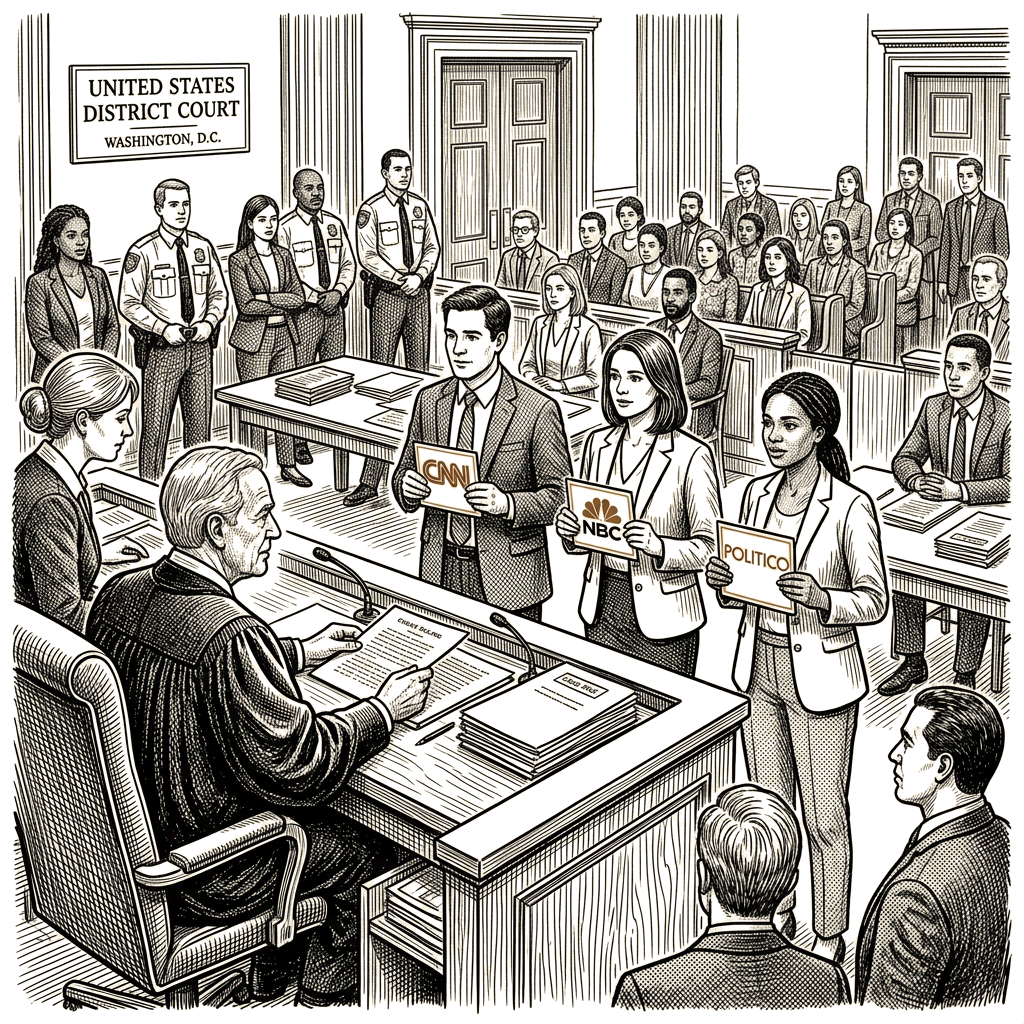 Illustration accompanying article: Judge blocks Trump from enforcing White House press ban on three outlets