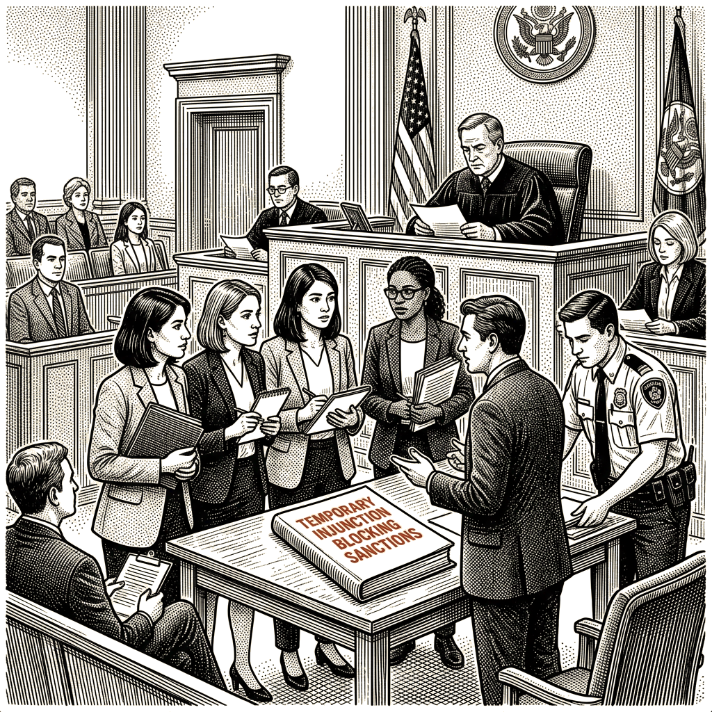 Illustration accompanying article: Judge blocks US sanctions on groups aiding ICC Gaza probe