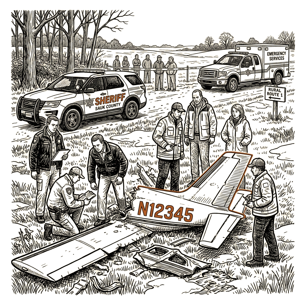Illustration accompanying article: Piper Mirage crash in rural Wisconsin kills six