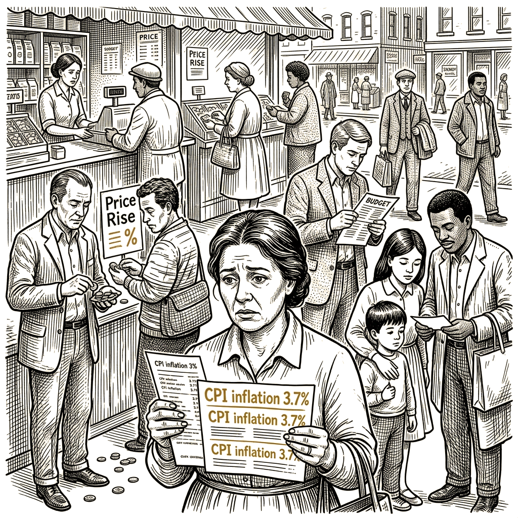 Illustration accompanying article: US inflation climbs above forecasts to 3.7% as Americans detail strain