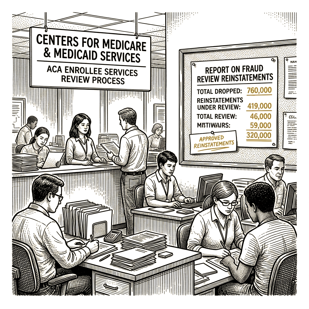 Illustration accompanying article: CMS reinstates some ACA enrollees cut in fraud review, reviews 419,000 more