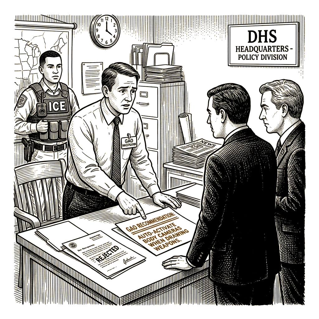 Illustration accompanying article: DHS rejects watchdog call to auto-activate ICE body cameras