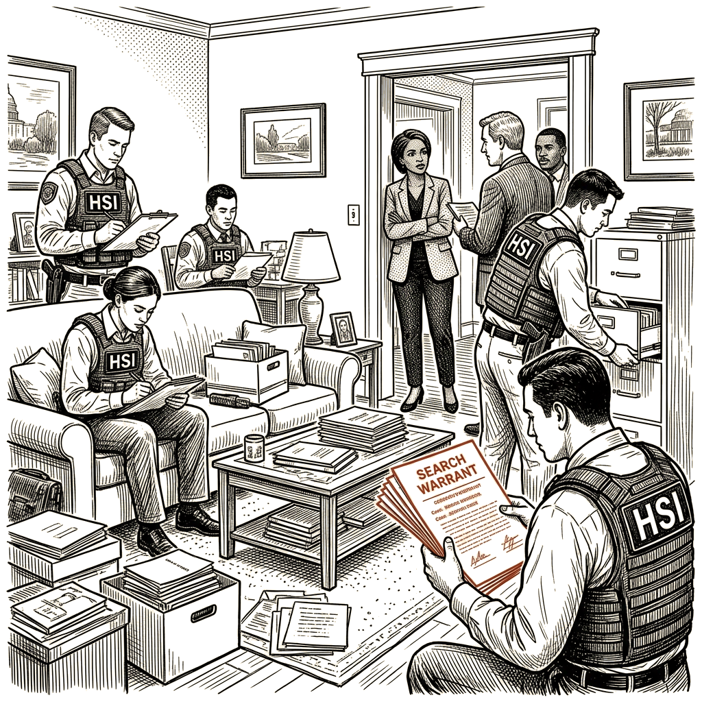 Illustration accompanying article: Federal agents search Omar's Washington home in federal probe