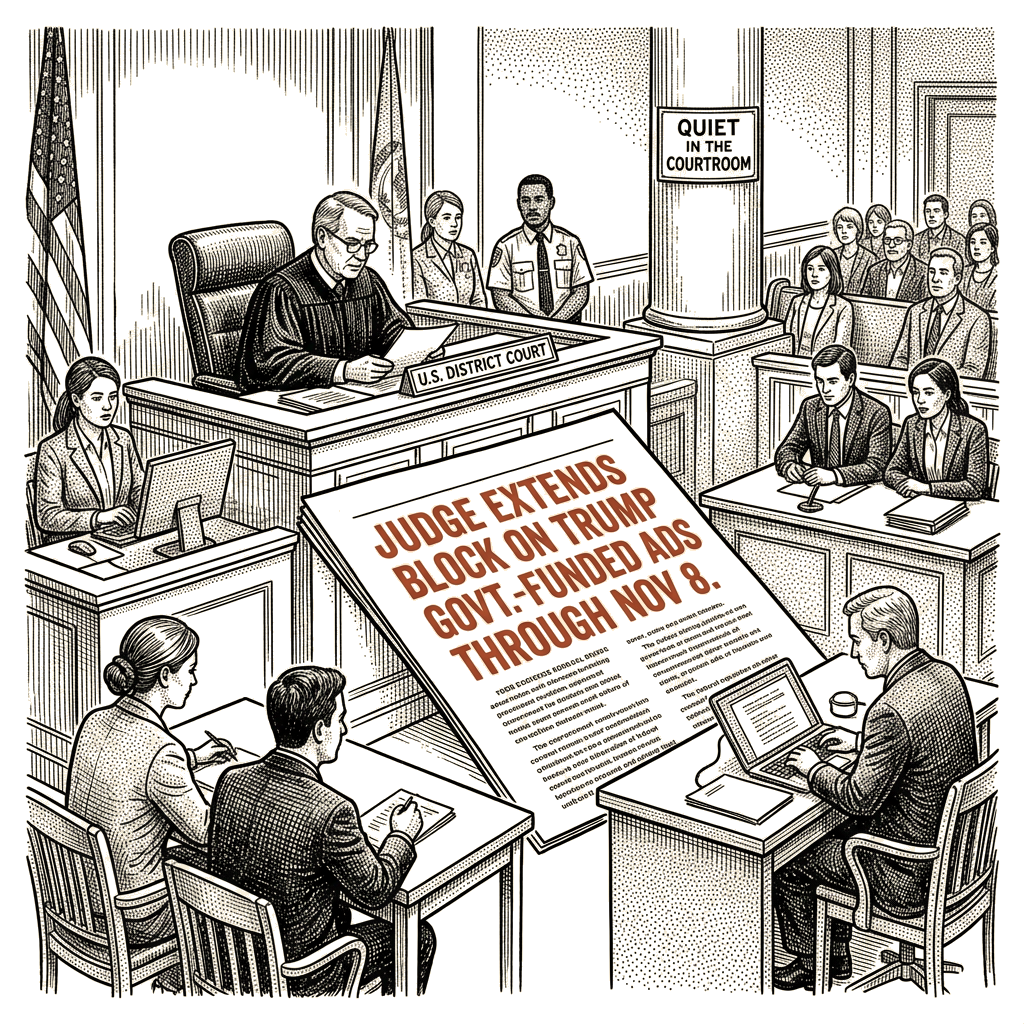 Illustration accompanying article: Federal judge extends block on Trump government-funded ads through November 8
