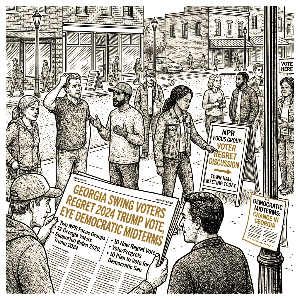 Illustration accompanying article: Georgia swing voters regret 2024 Trump vote, eye Democratic midterms