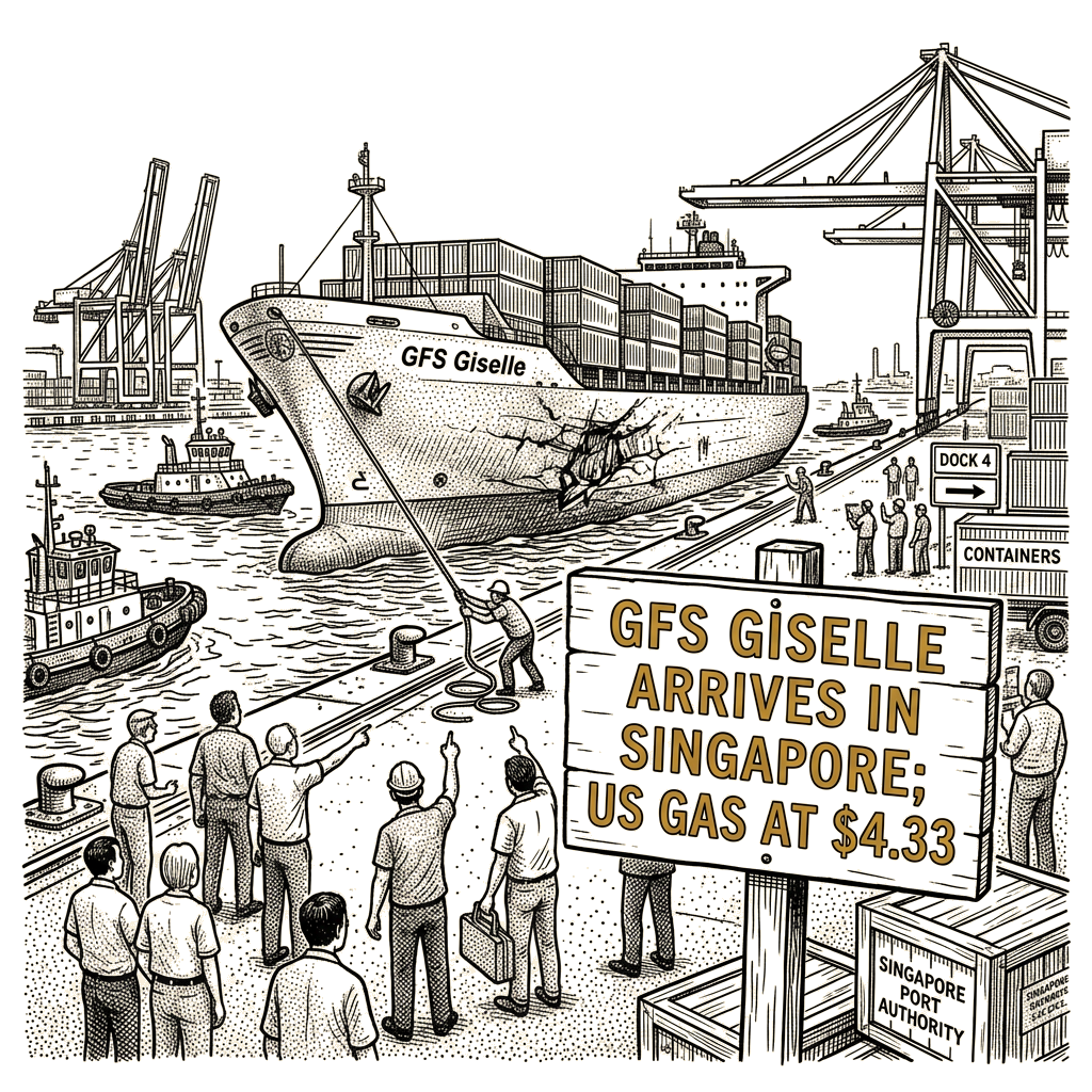 Illustration accompanying article: GFS Giselle reaches safe harbor after Hormuz hull damage as US gas hits $4.33