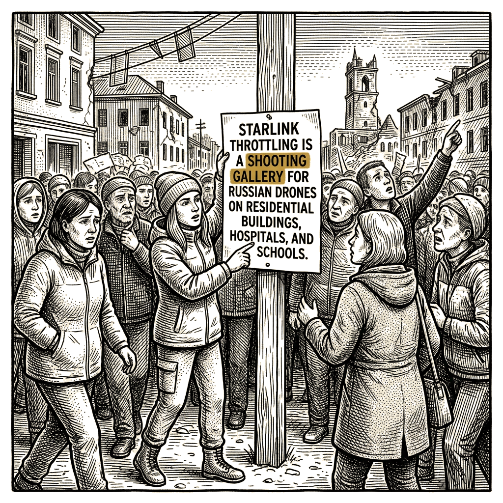 Illustration accompanying article: Matviichuk warns Starlink throttling leaves Ukrainians exposed to Russian drones