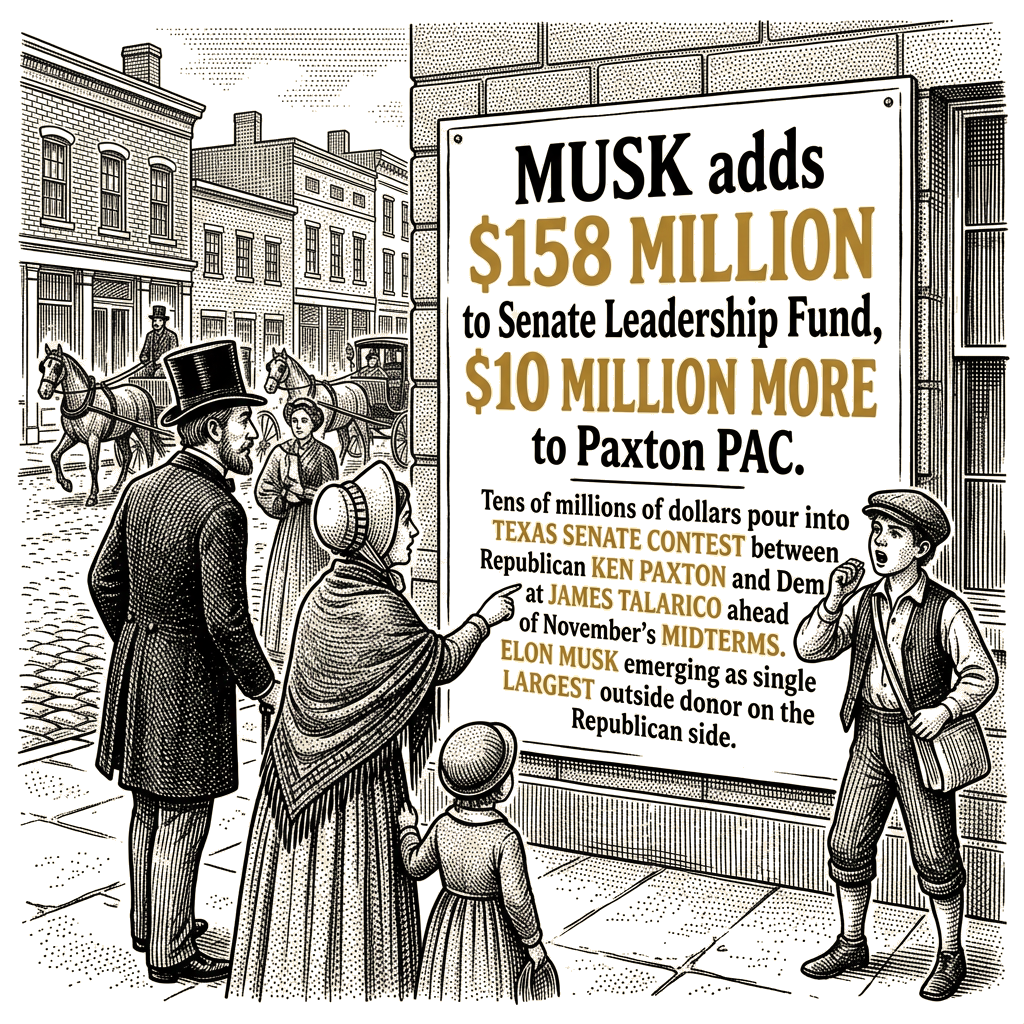 Illustration accompanying article: Musk adds $158 million to Senate Leadership Fund, $10 million more to Paxton PAC