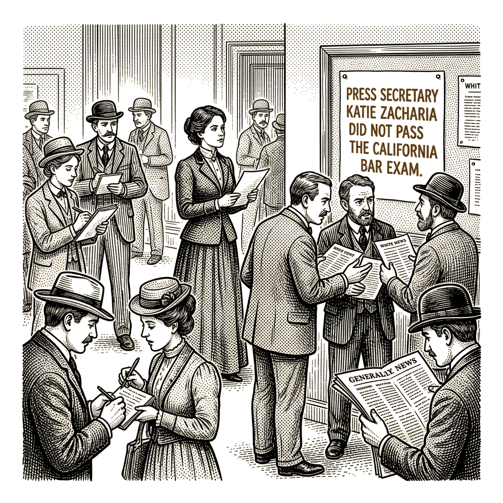 Illustration accompanying article: Press secretary Katie Zacharia didn't pass U.S. bar exam