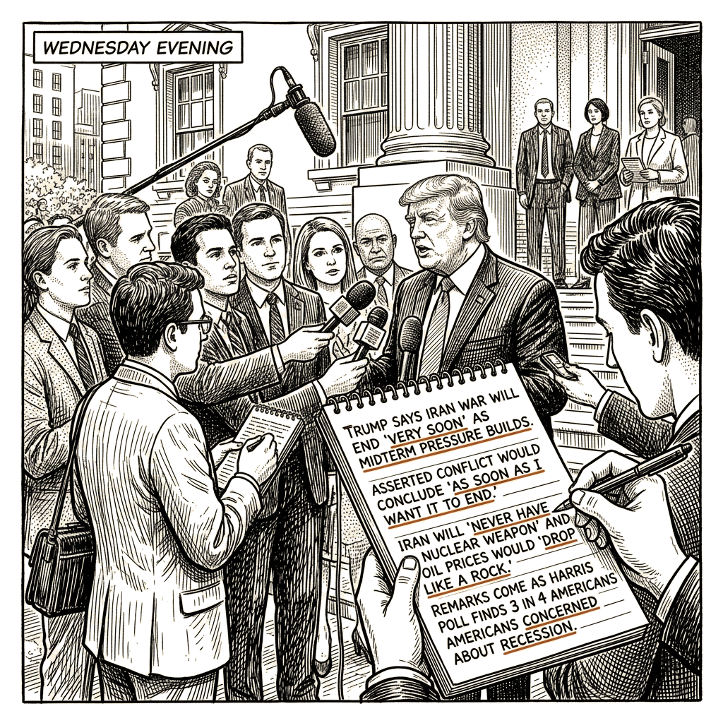 Illustration accompanying article: Trump says Iran war will end 'very soon' as midterm pressure builds