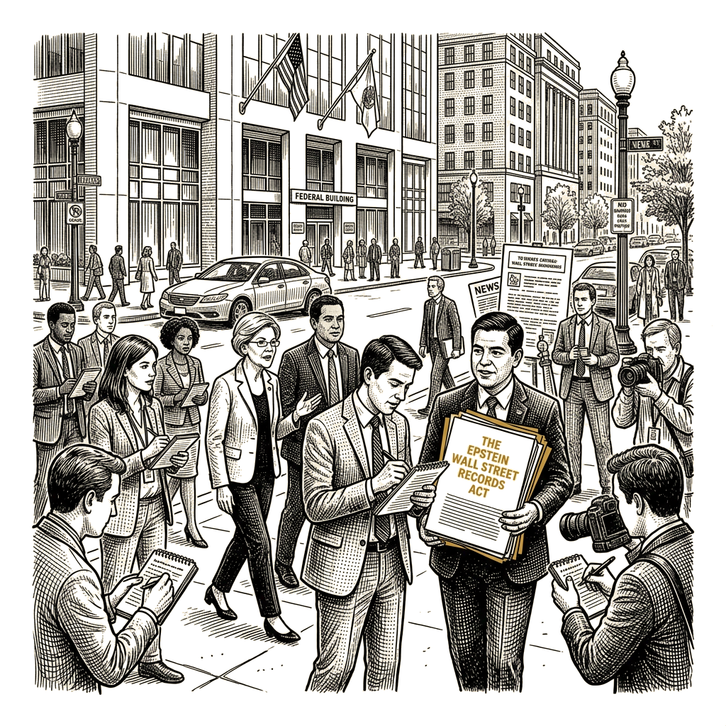 Illustration accompanying article: Warren, Garcia introduce bill to compel probes of Epstein-tied financial firms