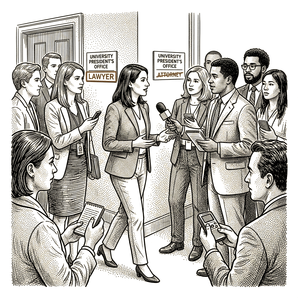 Illustration accompanying article: Zacharia says Pepperdine president told her: lawyer, not attorney