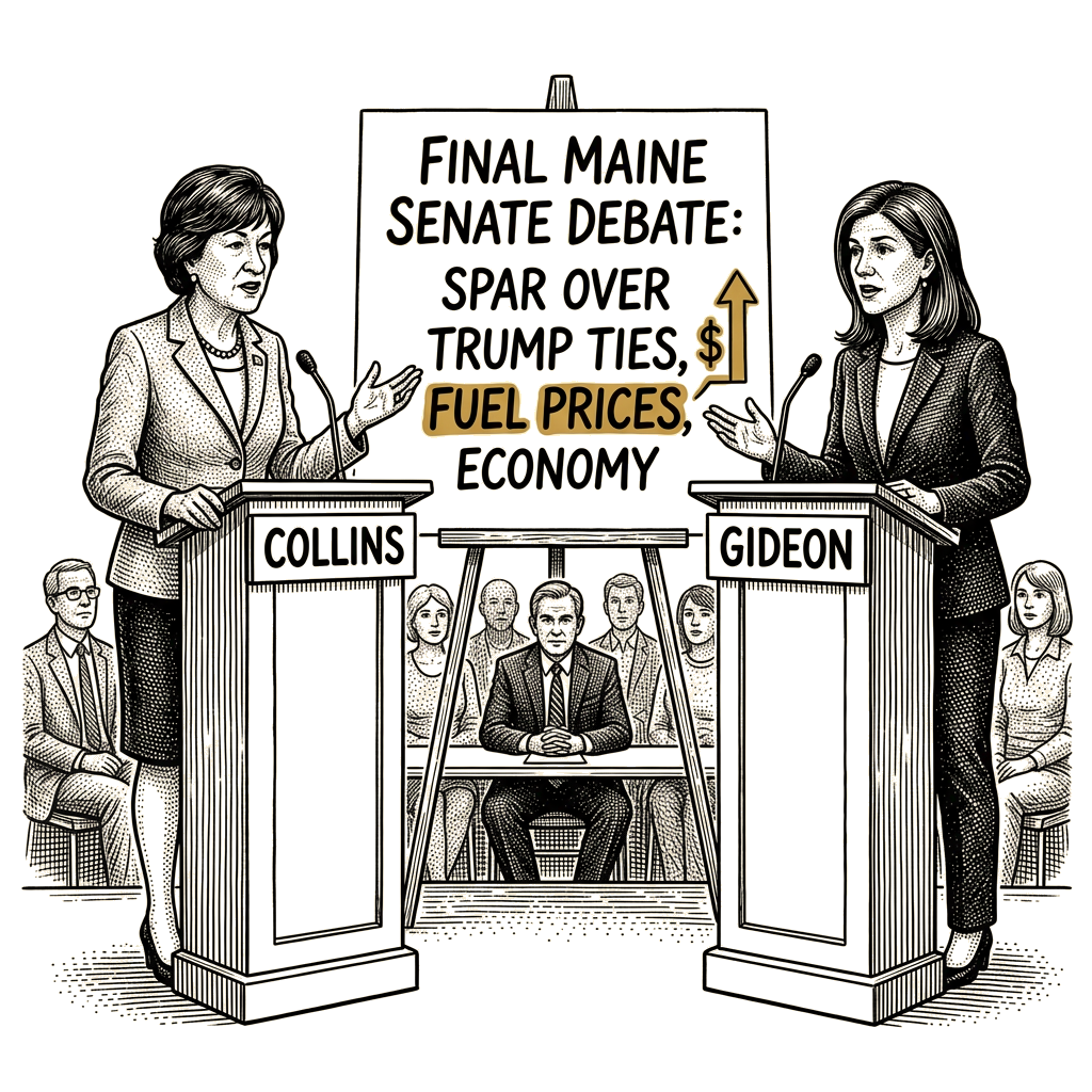 Illustration accompanying article: Collins, Jackson spar over Trump ties, fuel prices in final Maine Senate debate