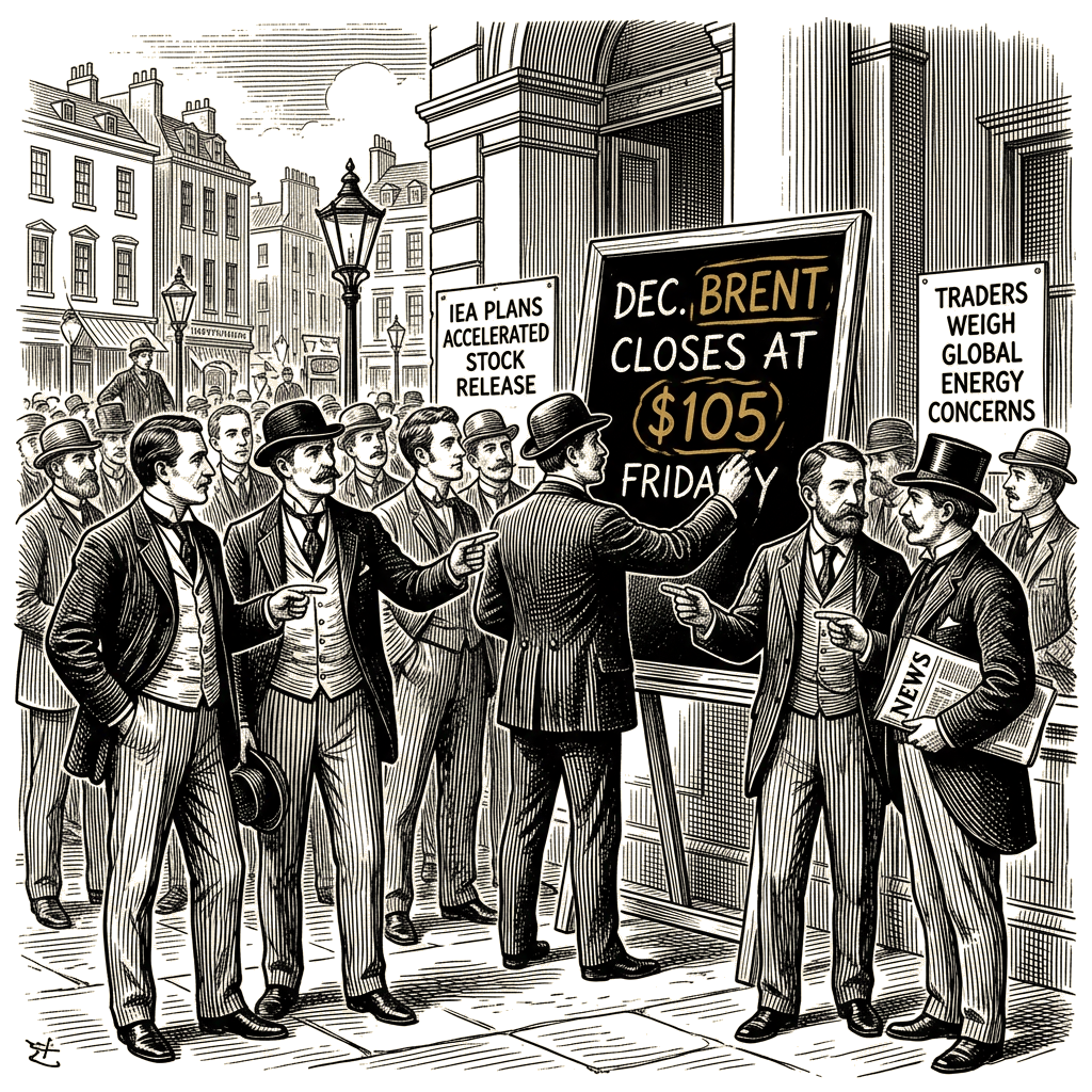 Illustration accompanying article: December Brent closes at $105 Friday as IEA plans accelerated stock release